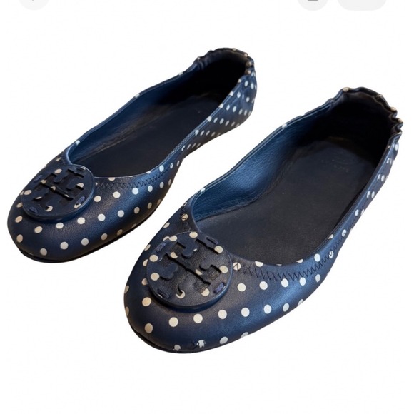 Tory Burch Shoes - Tory Burch Minnie Travel Ballet Flats Navy Blue Polka Dot Leather Logo 7M 6098